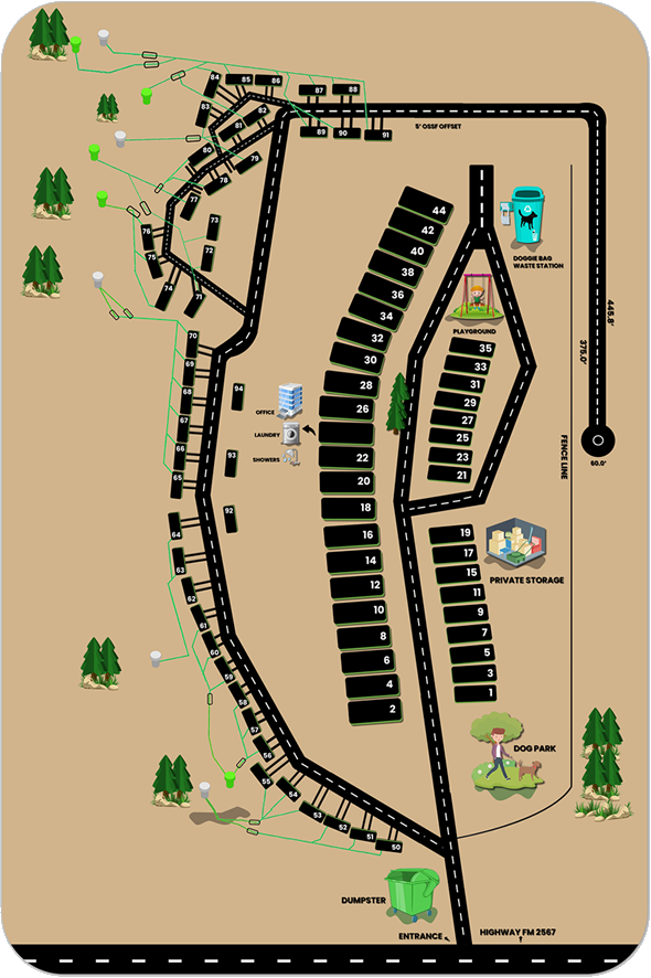 Sunset Ridge numbered RV site map with office, laundry, showers, playground, dog park, private storage and entrance